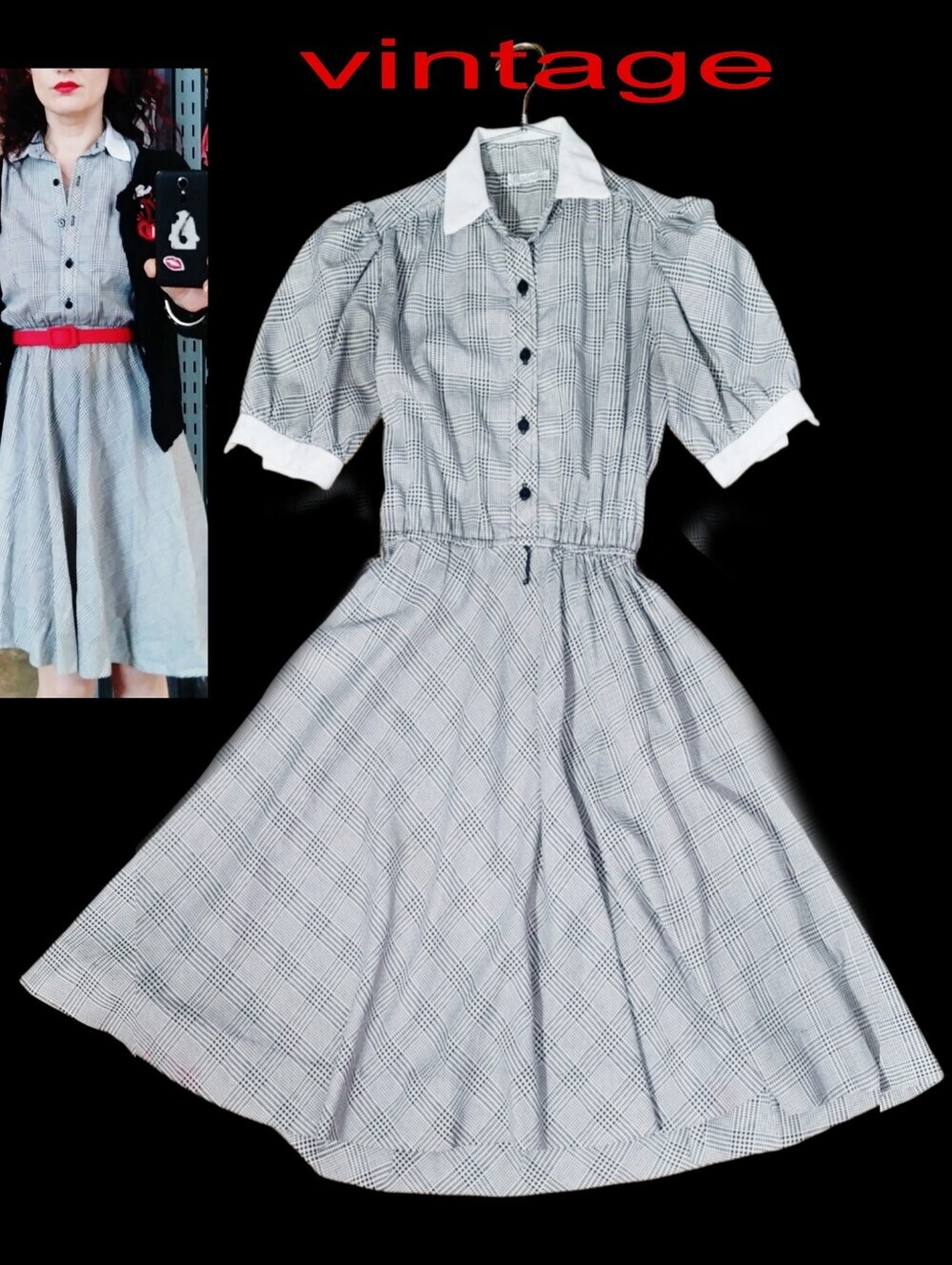Vintage Mavinette 1970/80s Plaid Midi Shirtwaist Dress with Contrast Collar